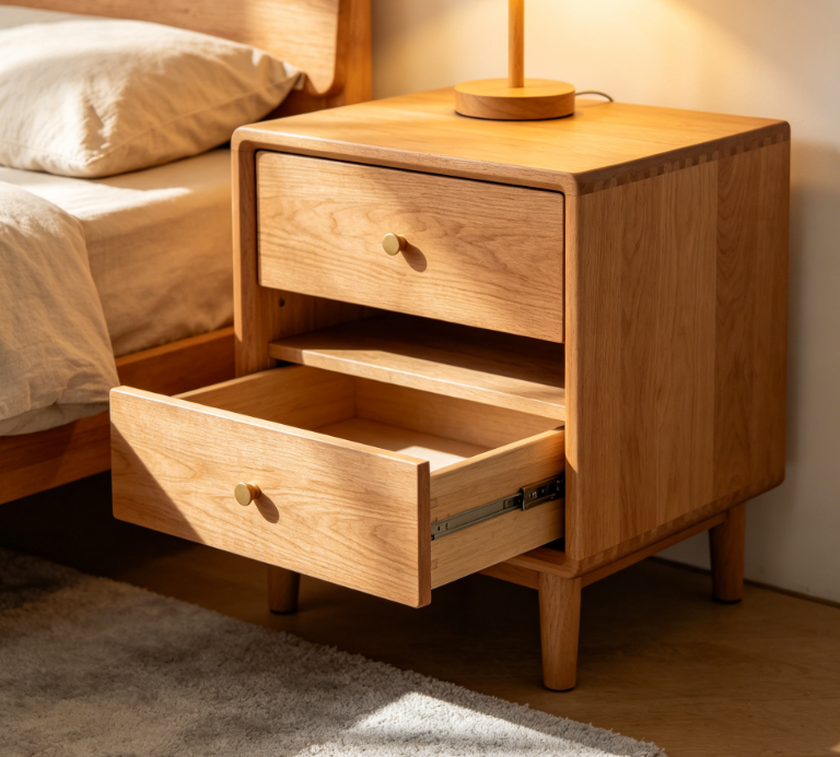 Nordic Oak Copper Handle Solid Wood Bedside Table